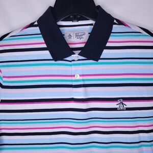 Original Penguin Polo Shirt Mens Large Striped Blue, Pink, White Cotton